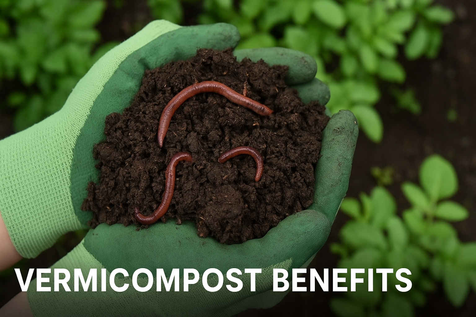 Gloved hands holding nutrient-rich vermicompost with red worms showing benefits for soil health and organic gardening in India